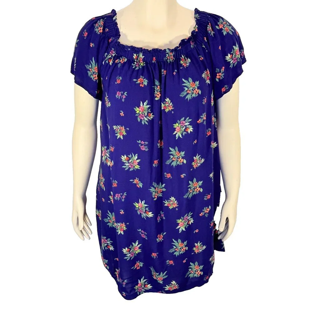 Peyton & Parker Casual Dress Size L Short Sleeve Gathered Neck Royal Blue Floral